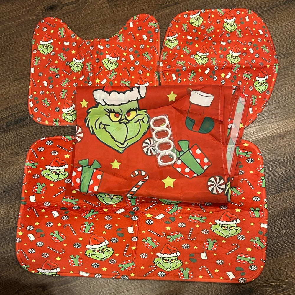 Festive Grinch Bathroom Set-Shower Curtain, Non-Slip Mats, Toilet Cover, Hooks